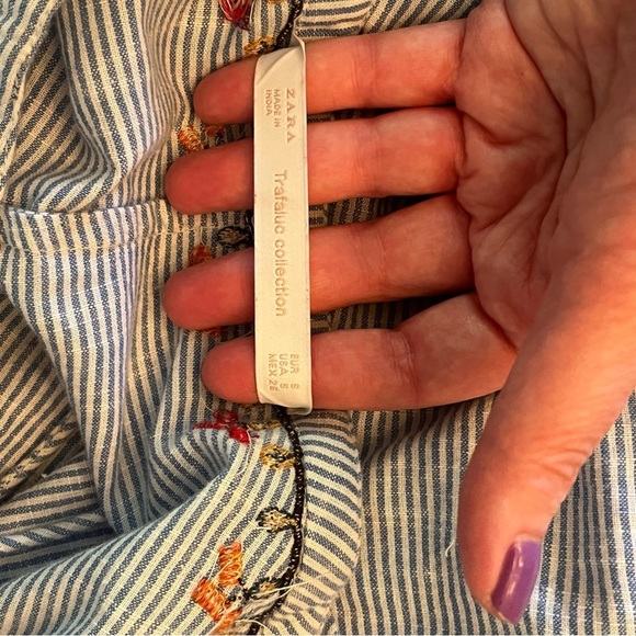 Zara Embroidered Puff Sleeves Tunic Mini Dress Top Womens Size S Floral Striped - Picture 9 of 11